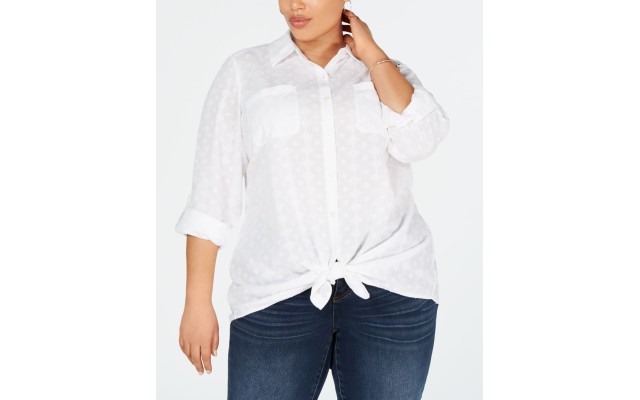 Style & Co. Womens Cotton Textured Button-down Top Shirt, White, 3X