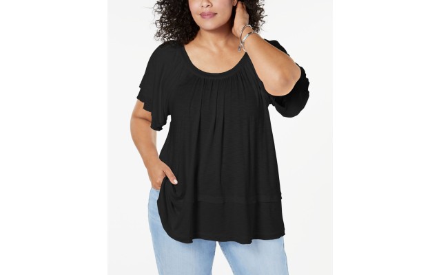 Style & Co Womens Gathered Short Sleeve Shirt Blouse, Black, 0X