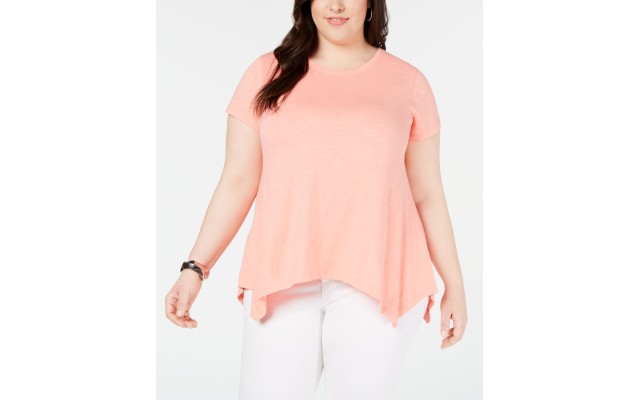 Style & Co. Womens  Handkerchief Hem  T-shirt (Peach Berry , Size:0X)