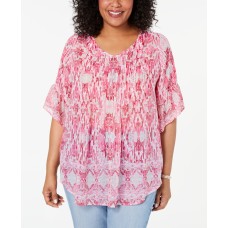 Style & Co Womens Pink Printed Bell Sleeve V Neck Blouse