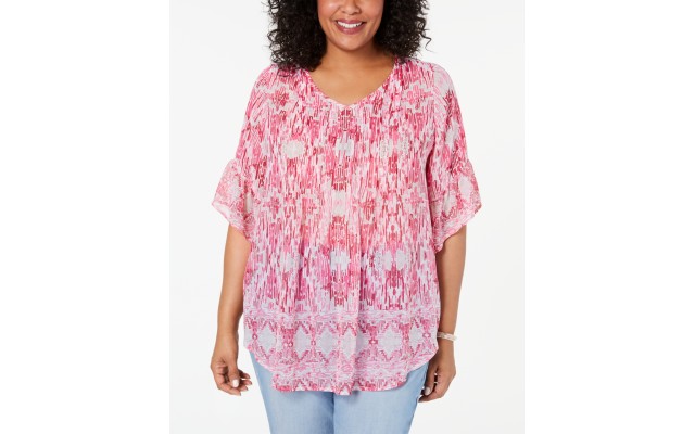 Style & Co Womens Pink Printed Bell Sleeve V Neck Blouse