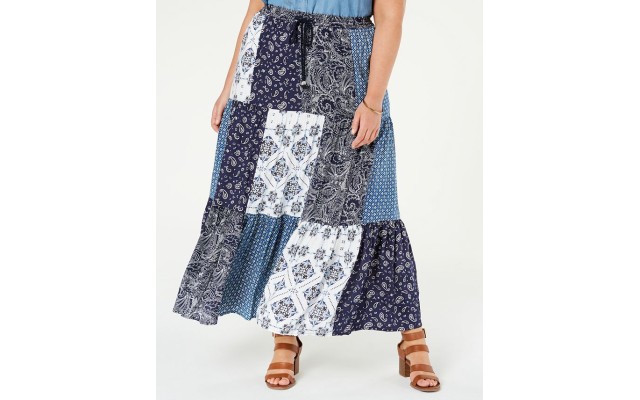 Style & Co. Womens Plus Bandanna Print Patchwork Maxi Skirt