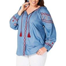 Style & Co. Womens Plus Boho Tassels Peasant Top Blue Size 2X