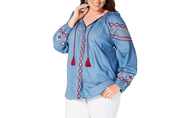 Style & Co. Womens Plus Boho Tassels Peasant Top Blue Size 2X