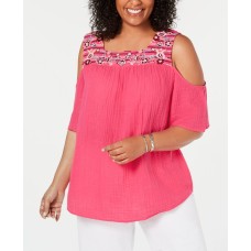 Style & Co. Womens Plus Embroidered Cold-shoulder Blouse  T-Shirt Top Pink Size 1x