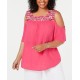 Style & Co. Womens Plus Embroidered Cold-shoulder Blouse  T-Shirt Top Pink Size 1x