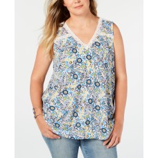 Style & Co. Womens Plus Floral Crochet Detail Tank Top Dark Blue