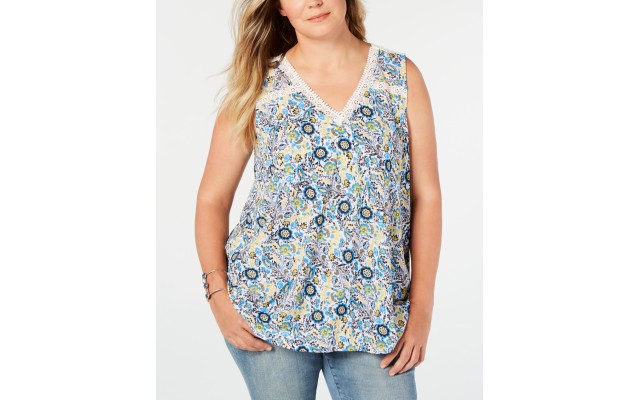  Womens Plus Floral Crochet Detail Tank Top Dark Blue, Dark Blue, 1X