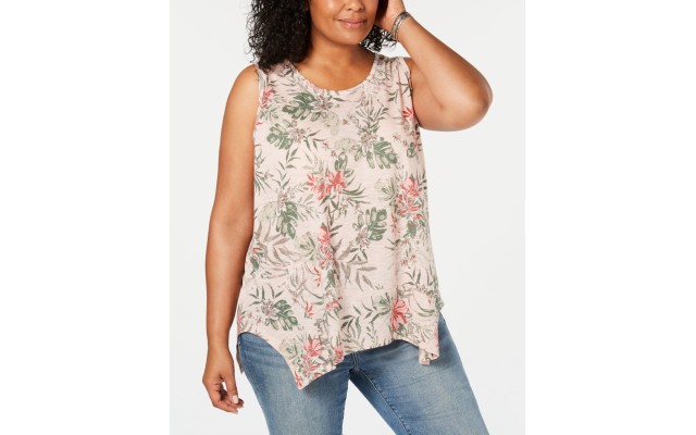  Womens Plus Floral Print Handkerchief Hem Tank Top, Pink, 1X