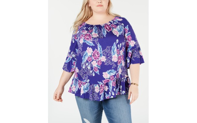 Style & Co. Womens Plus Floral Print Off-The-Shoulder Blouse, Blue, 0X
