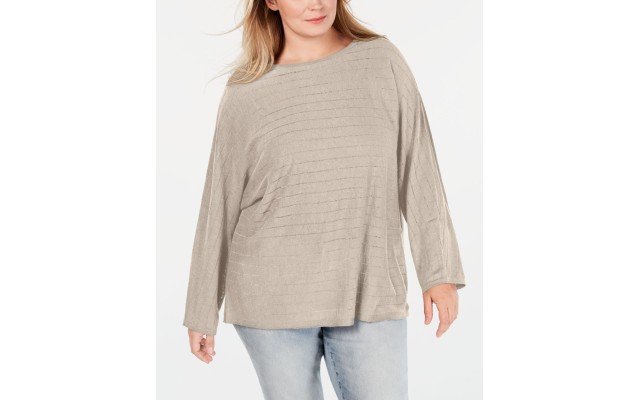 Style & Co. Womens Plus Linen Blend Striped Pullover Sweater, Beige, 0X