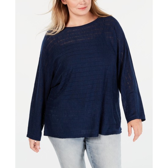 Style & Co. Womens Plus Linen Blend Striped Pullover Sweater, Dark Blue, 1X