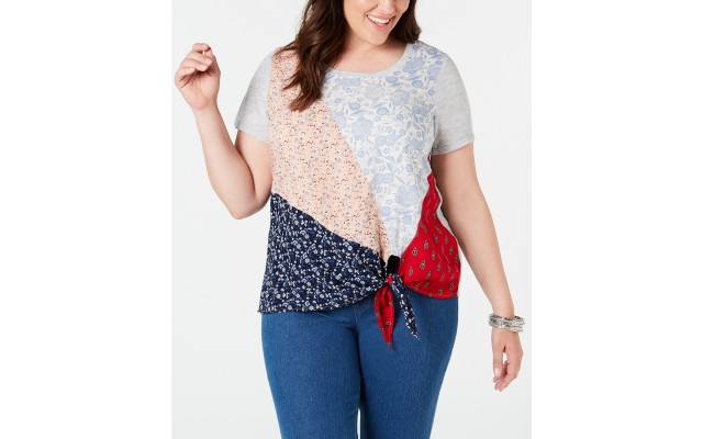 Style &#038; Co. Womens Plus Patchwork Side-Tie T-Shirt, Natural, 1X
