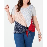 Style & Co. Womens Plus Patchwork Side-Tie T-Shirt, Natural, 2X