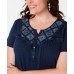  Womens Plus Sammy Star Embroidered Check Printed Top (Navy, 1X)