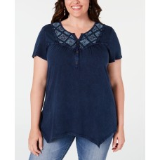 Style & Co. Womens Plus Sammy Star Embroidered Check Printed Top (Navy, 1X)