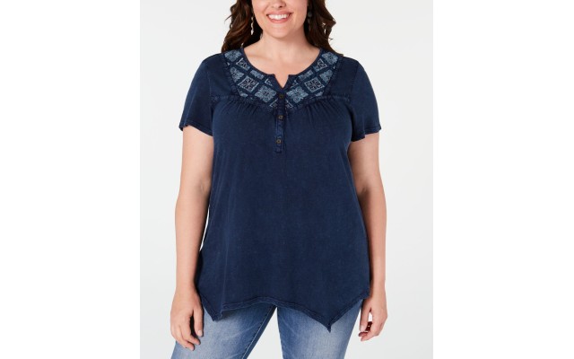  Womens Plus Sammy Star Embroidered Check Printed Top (Navy, 1X)