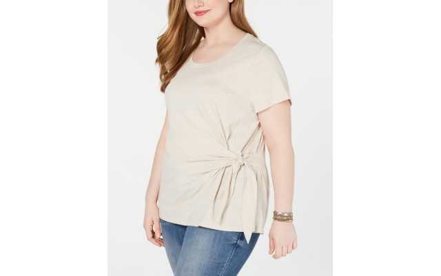Style & Co. Womens Plus Side Tie Crewneck T-Shirt, Grey, 3X