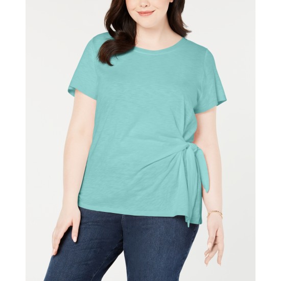 Style & Co. Womens Plus Side Tie Crewneck T-Shirt, Refreshing Teal, 3X