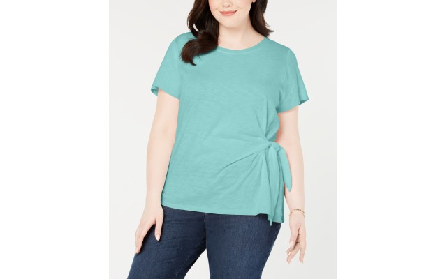 Style & Co. Womens Plus Side Tie Crewneck T-Shirt, Refreshing Teal, 3X