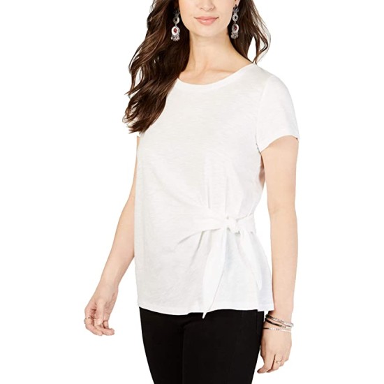 Style & Co. Womens Plus Side Tie Crewneck T-Shirt, White, 0X