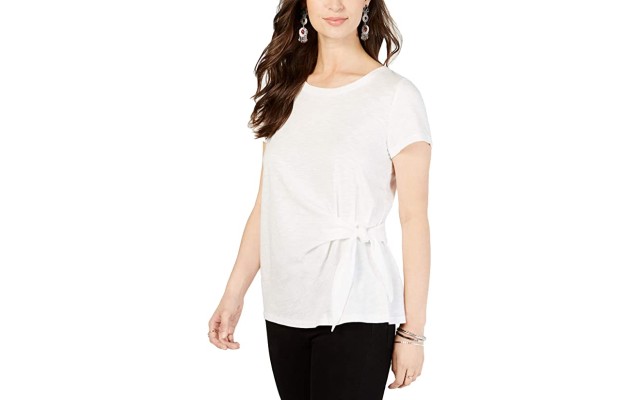 Style & Co. Womens Plus Side Tie Crewneck T-Shirt, White, 2X