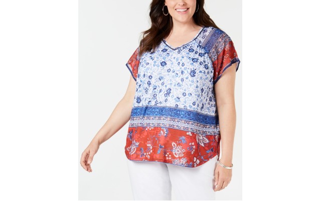 Style & Co Women’s  Plus Size Printed V-Neck Top Natural Size 3X