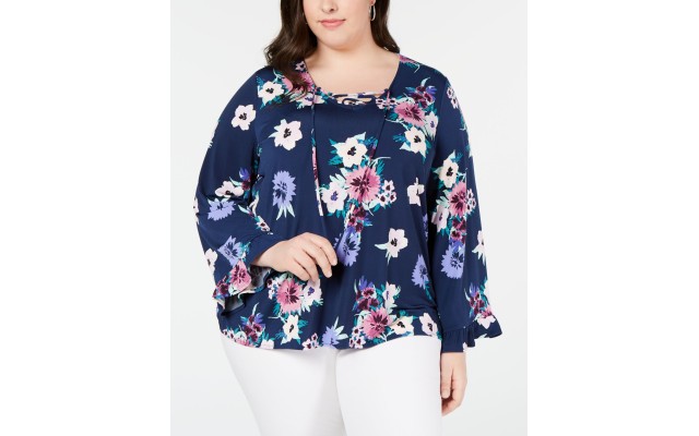 Style & Co Women’s Plus Size Ruffled Bell-Sleeve Top (Navy, 2X)