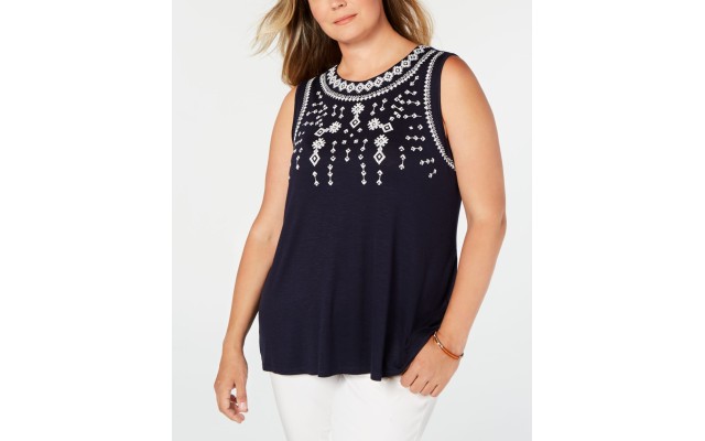  Womens Plus Slub Embroidered Tank Top, Navy, 3X