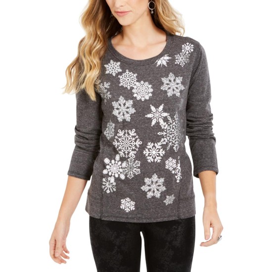  Womens Snowflake Graphic Heathered Sweatshirt, Black, 2X