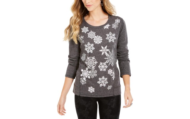  Womens Snowflake Graphic Heathered Sweatshirt, Black, 2X