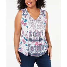 Style & Co Womens White Floral Sleeveless V Neck Blouses