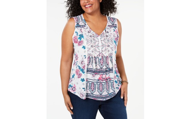 Style & Co Womens White Floral Sleeveless V Neck Blouses, White, 2X
