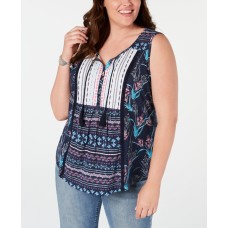 Style & Company Womens Navy Printed Tie Neck Casual Top