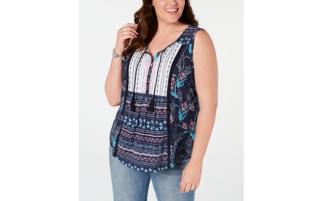 Style & Company Womens Navy Printed Tie Neck Casual Top, Navy, 1X
