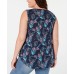 Style & Company Womens Navy Printed Tie Neck Casual Top, Navy, 1X