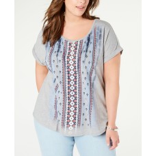 Style & Company Womens  Printed Short Sleeve Scoop Neck T-Shirt Gray