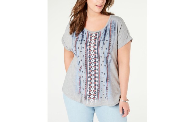 Style & Company Womens  Printed Short Sleeve Scoop Neck T-Shirt Gray, Gray, 0X