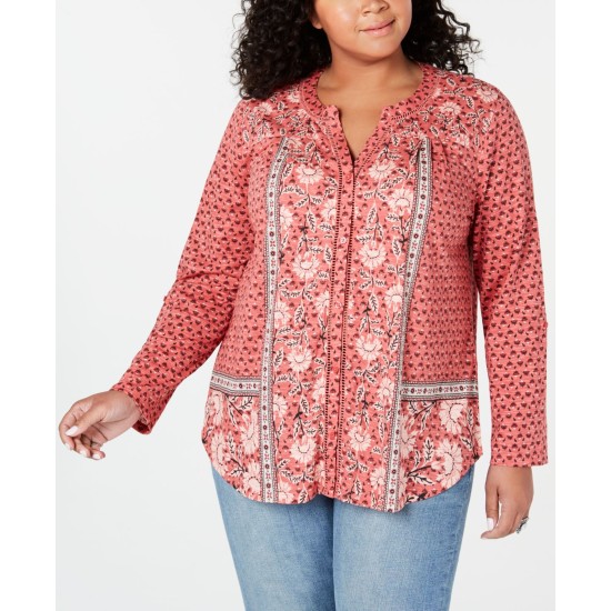 STYLE & COMPANY Womens Red Printed Long Sleeve V Neck Blouse, Red, 0X
