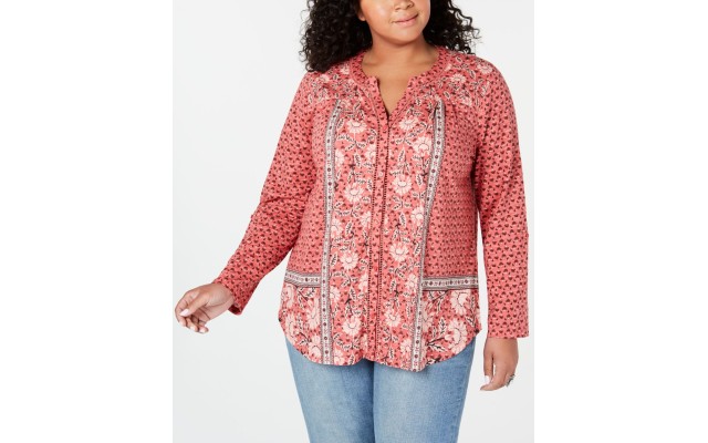 STYLE & COMPANY Womens Red Printed Long Sleeve V Neck Blouse, Red, 0X