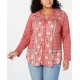STYLE & COMPANY Womens Red Printed Long Sleeve V Neck Blouse, Red, 0X