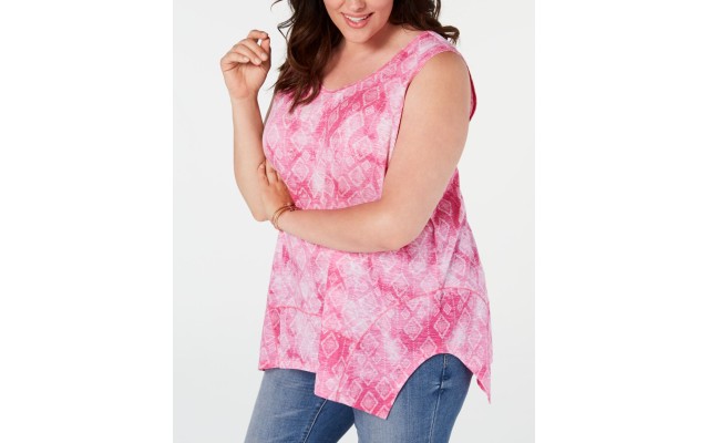 Style&Co. Women's PLUS Pink Crafted Diamond Printed Scoop Neck Tank Top, Pink, 0X