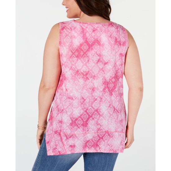 Style&Co. Women's PLUS Pink Crafted Diamond Printed Scoop Neck Tank Top, Pink, 0X