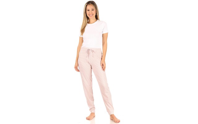 TAHARI Women’s Relaxed Fit Pajama Jogger with Drawstring Jogger  (Light Pink, X-Large)