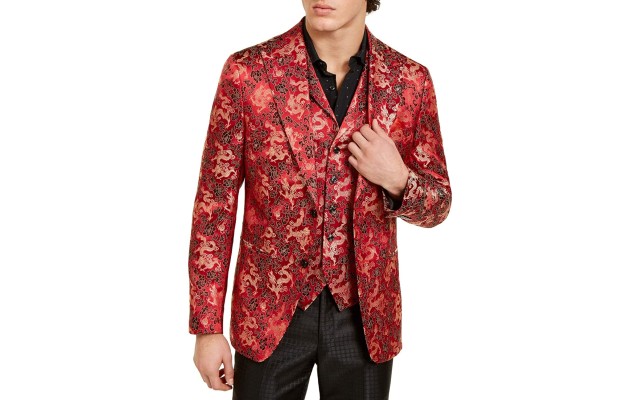  Mens Blazer Gold Slim Fit Dragon Jacquard Notched Red 44