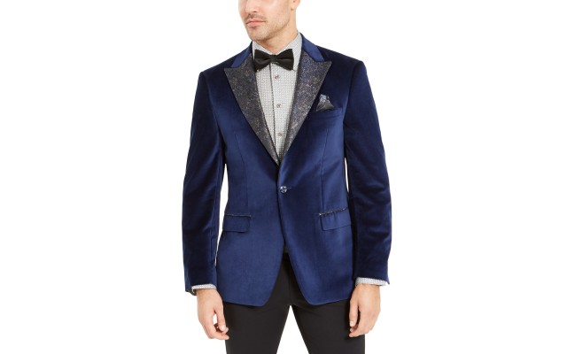  Mens Blazer Navy Velvet Dinner Jacket, Snakeskin Blue, XL