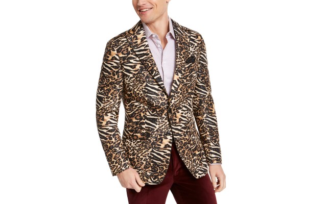  Men’s Slim-Fit Black/Gold Leopard-Print Dinner Jacket, Black/Gold, 40S