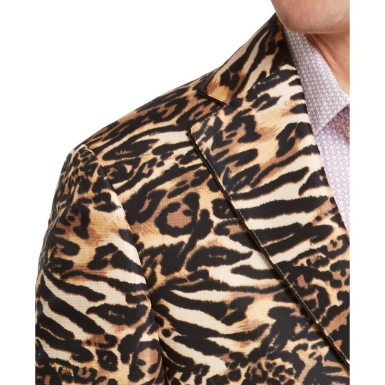  Men’s Slim-Fit Black/Gold Leopard-Print Dinner Jacket, Black/Gold, 42S