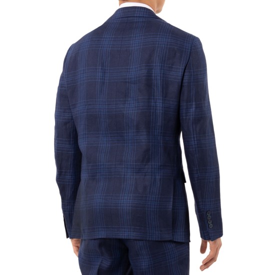  Men’s Slim-Fit Blue Plaid Linen Suit Separate Jacket (Navy, 40 R)