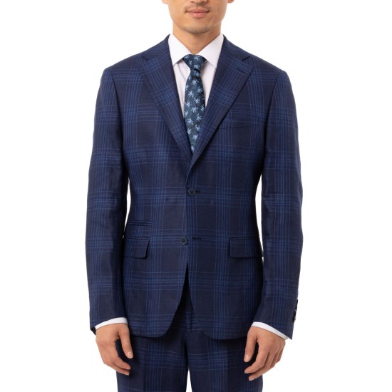  Men’s Slim-Fit Blue Plaid Linen Suit Separate Jacket (Navy, 40 R)